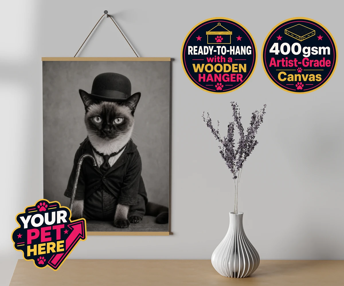Personalised The Funny Chap cat canvas poster prints with hanger featuring meet The Funny Chap, a delightfully whimsical feline portrait that cap