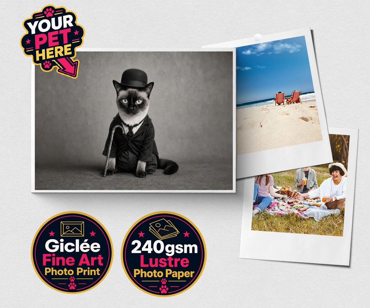 Personalised The Funny Chap cat premium photo print featuring meet The Funny Chap, a delightfully whimsical feline portrait that cap