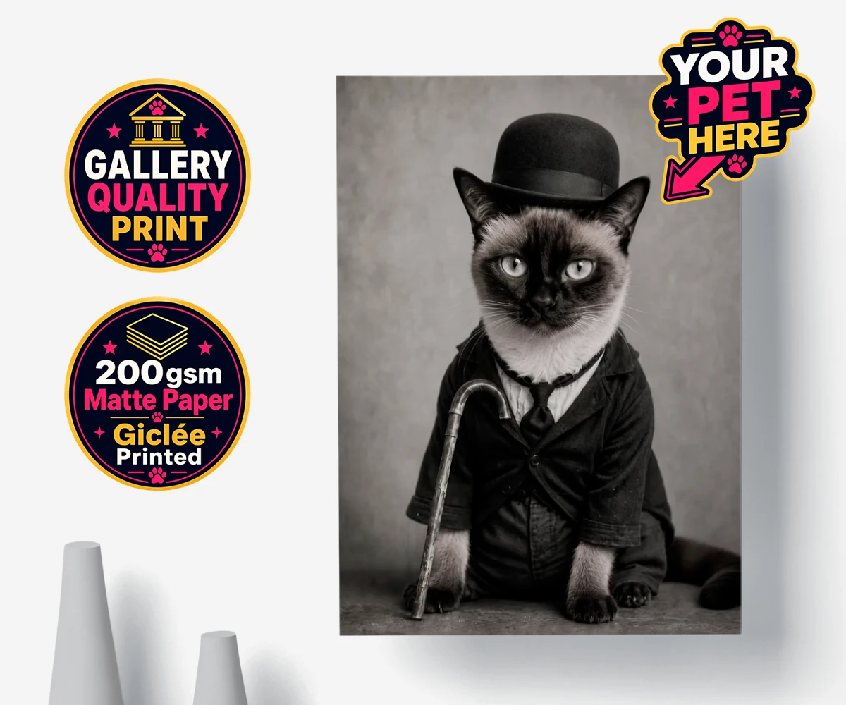Personalised poster print of The Funny Chap cat in vintage tuxedo with bowler hat