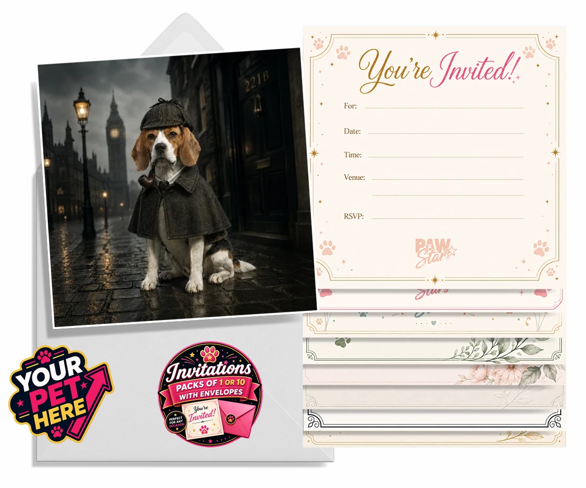 Personalised The Great Detective dog invitations featuring step into the world of intrigue and charm with "The Great Detective,"