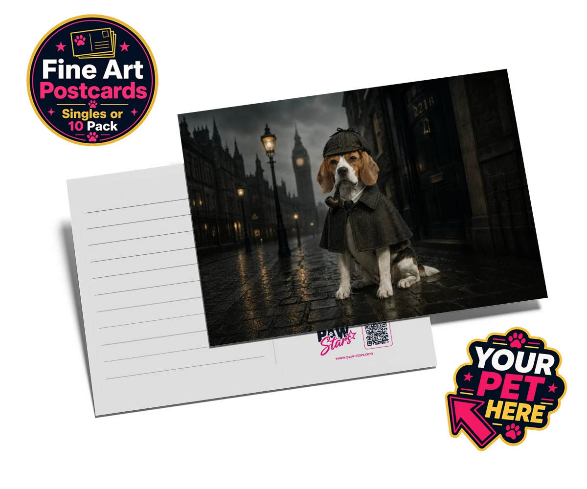 Personalised The Great Detective dog postcards featuring step into the world of intrigue and charm with "The Great Detective,"