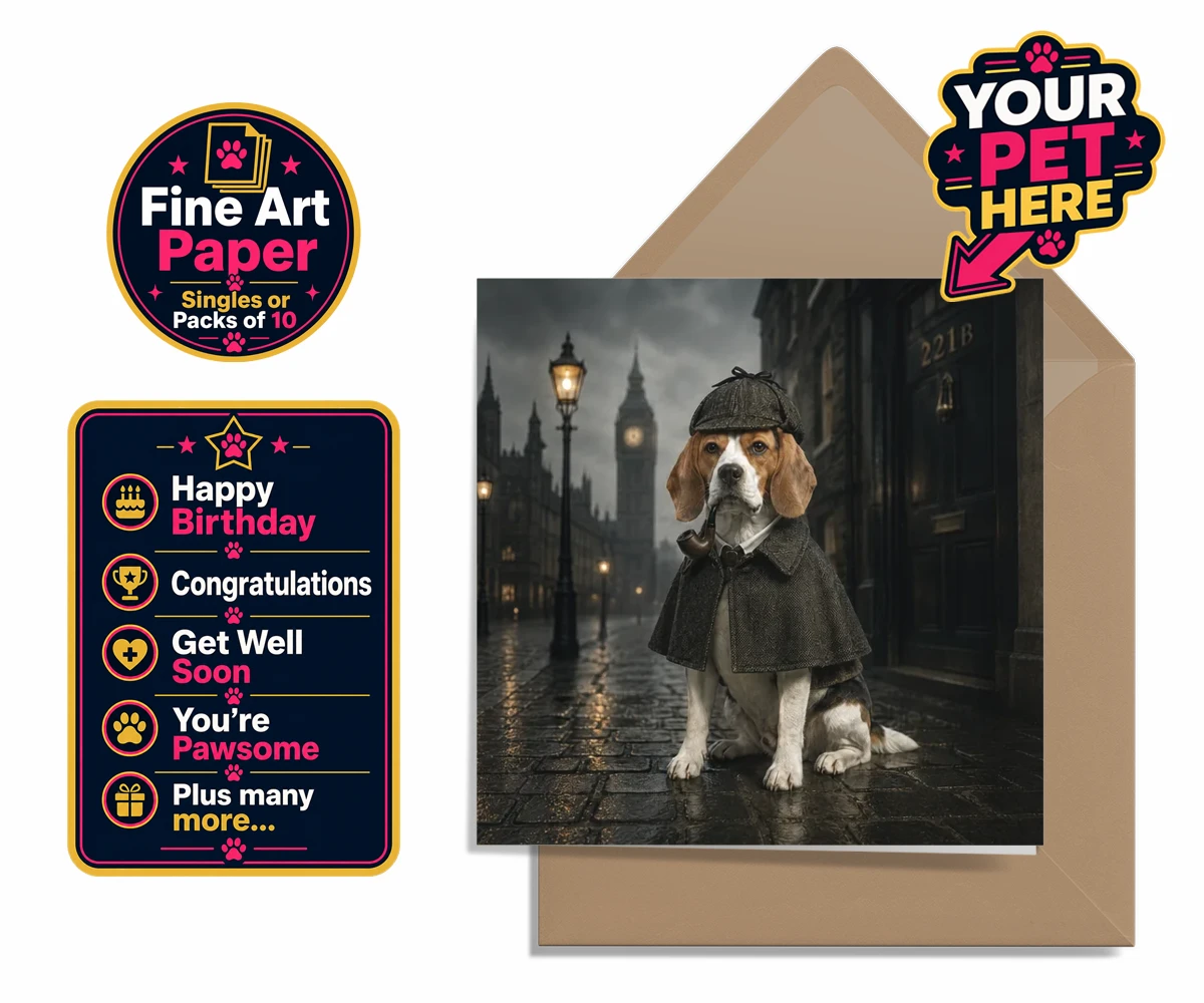 Personalised The Great Detective dog premium greetings cards featuring step into the world of intrigue and charm with "The Great Detective,"