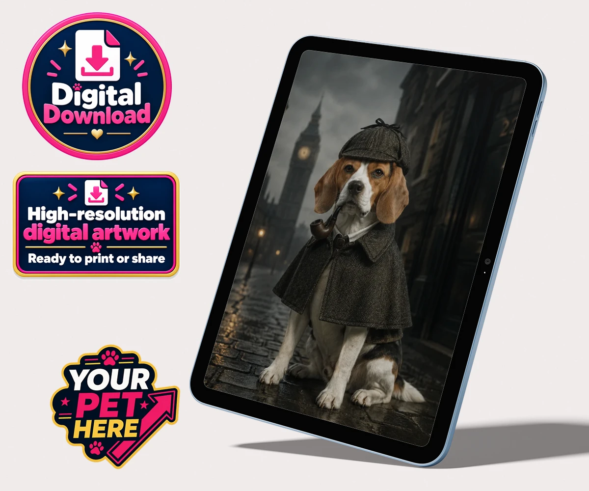 Personalised The Great Detective dog personalised digital downloads featuring step into the world of intrigue and charm with "The Great Detective,"