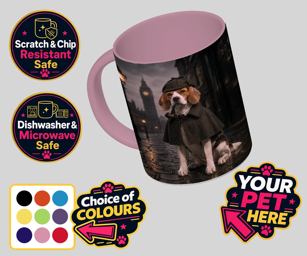 Personalised The Great Detective dog coloured photo mugs featuring step into the world of intrigue and charm with "The Great Detective,"
