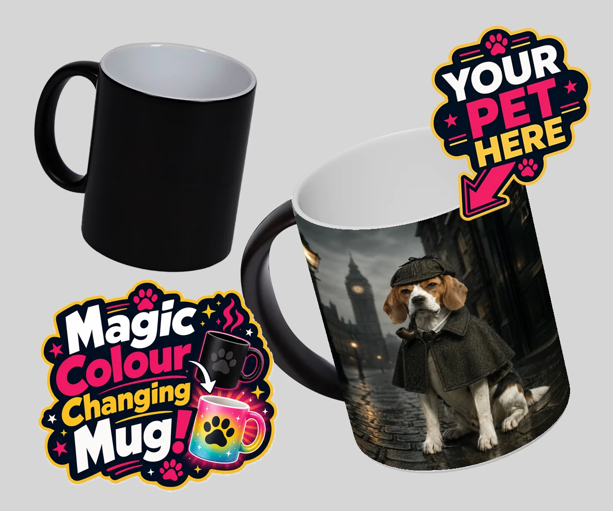 Personalised The Great Detective dog magic photo mugs featuring step into the world of intrigue and charm with "The Great Detective,"