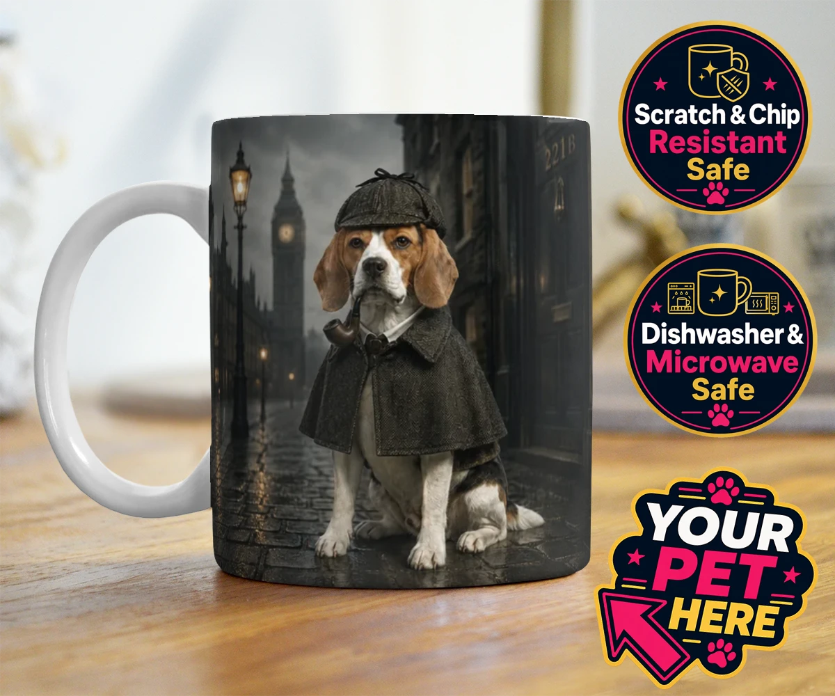 Personalised The Great Detective dog photo mugs featuring step into the world of intrigue and charm with "The Great Detective,"