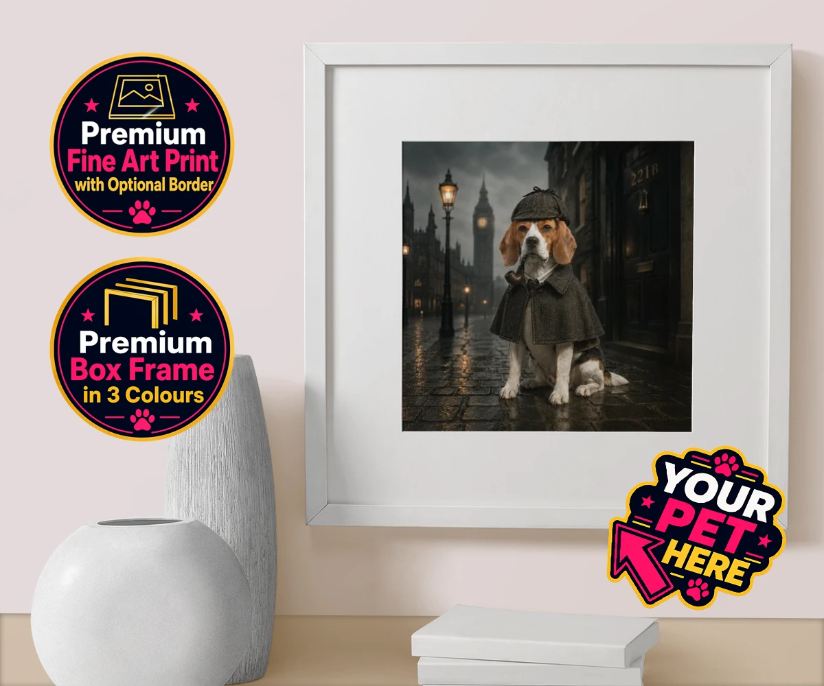 Personalised The Great Detective dog box framed print featuring step into the world of intrigue and charm with "The Great Detective,"