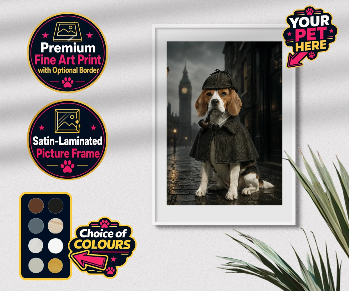 Personalised The Great Detective dog premium framed print featuring step into the world of intrigue and charm with "The Great Detective,"