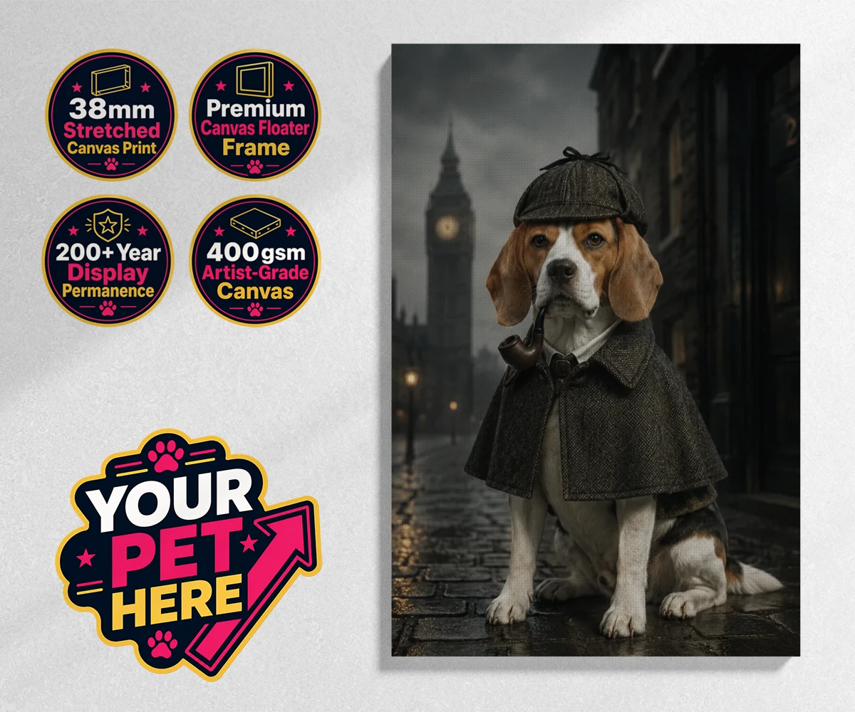 Personalised The Great Detective dog stretched canvas print featuring step into the world of intrigue and charm with "The Great Detective,"