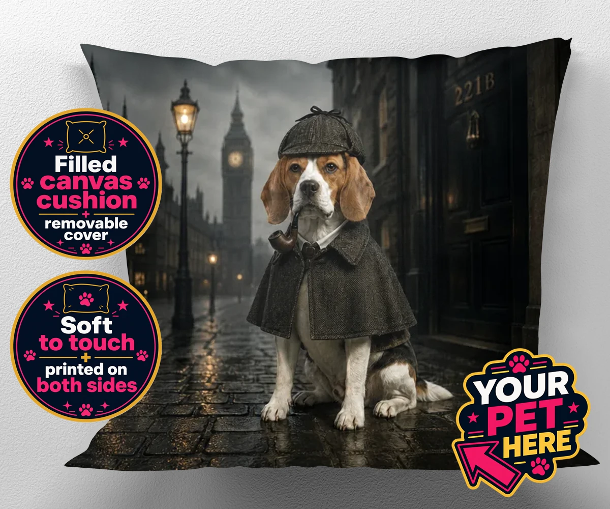 Personalised The Great Detective dog canvas cushions featuring step into the world of intrigue and charm with "The Great Detective,"
