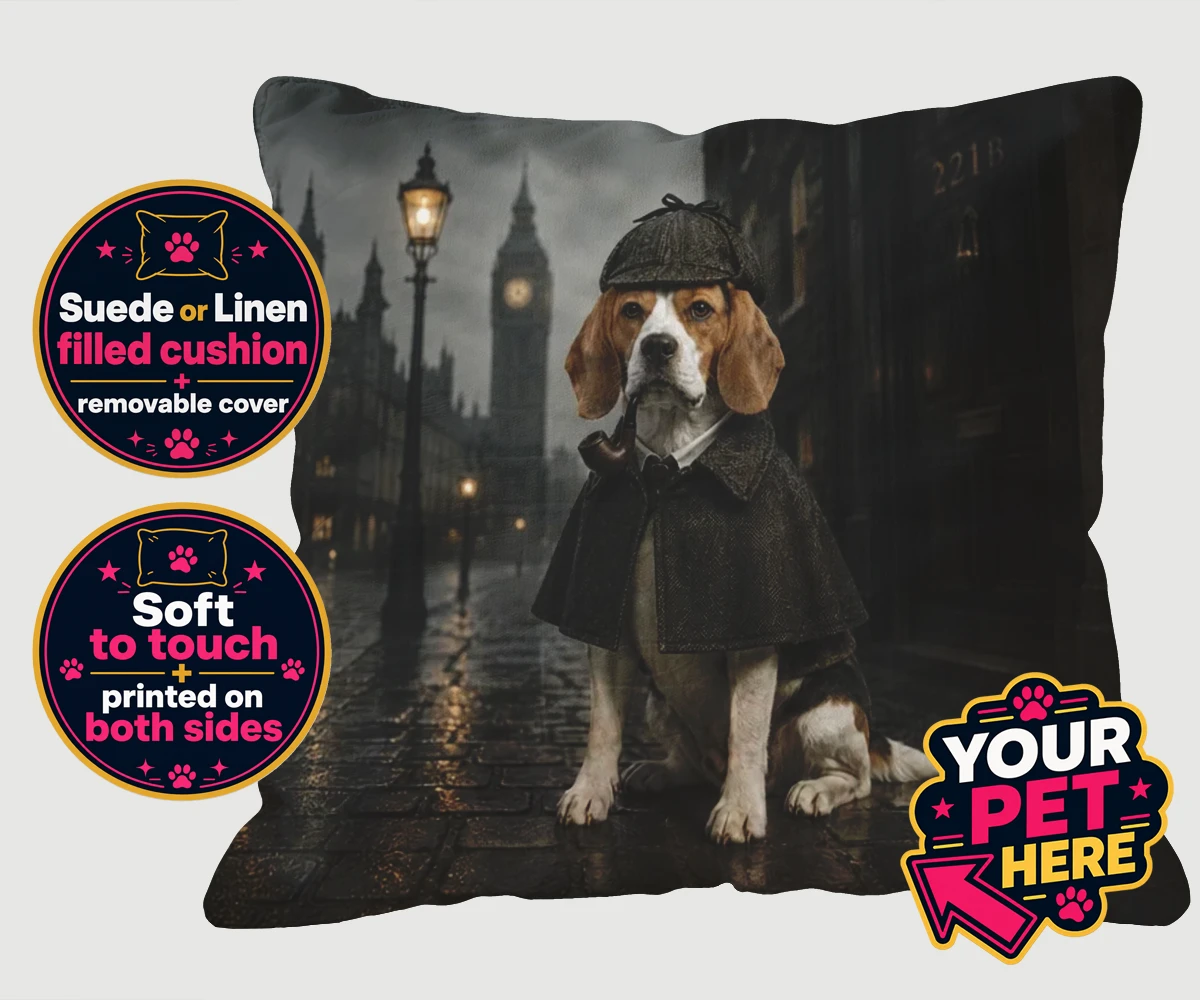 Personalised The Great Detective dog cushions featuring step into the world of intrigue and charm with "The Great Detective,"