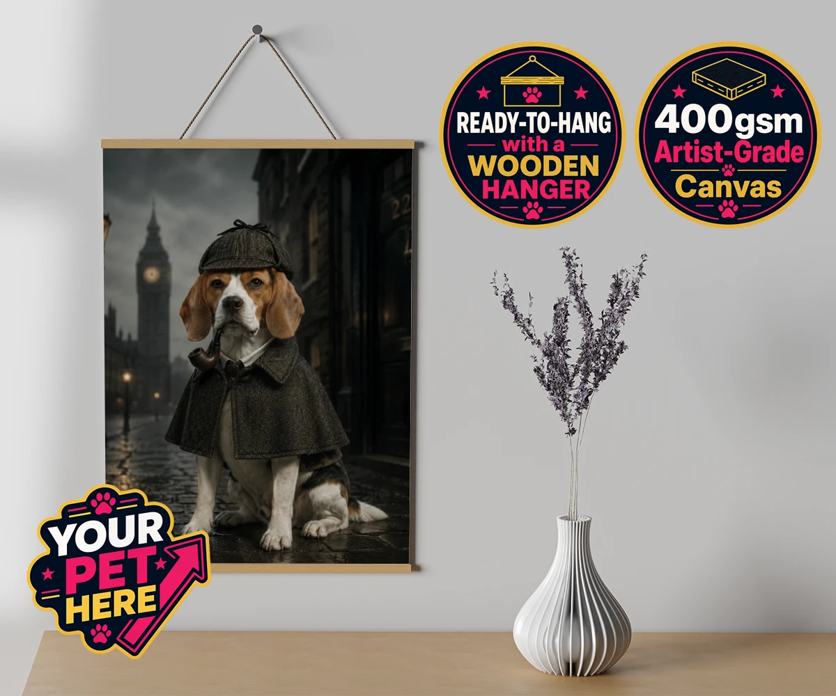 Personalised The Great Detective dog canvas poster prints with hanger featuring step into the world of intrigue and charm with "The Great Detective,"