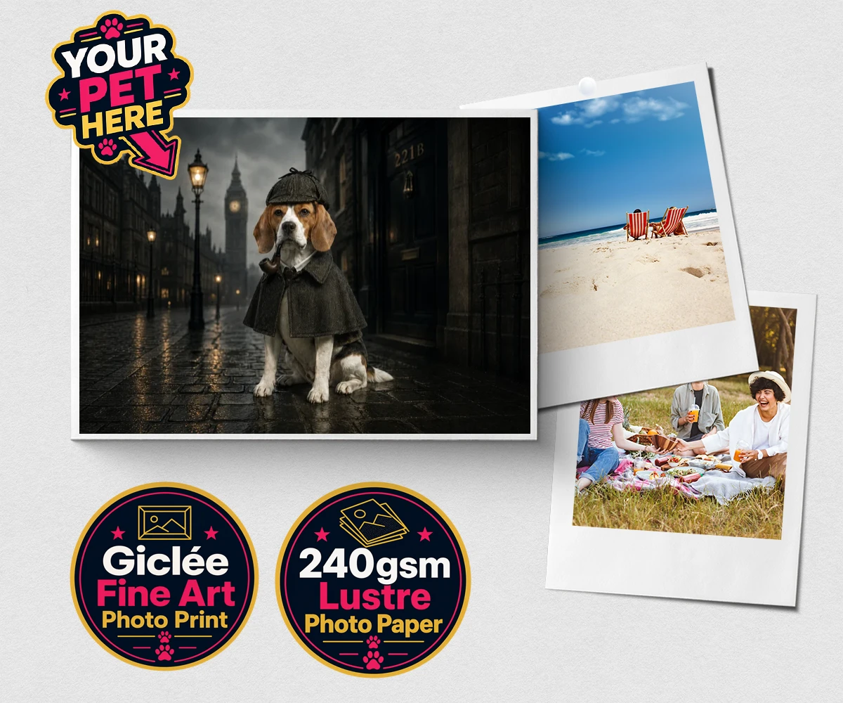 Personalised The Great Detective dog premium photo print featuring step into the world of intrigue and charm with "The Great Detective,"