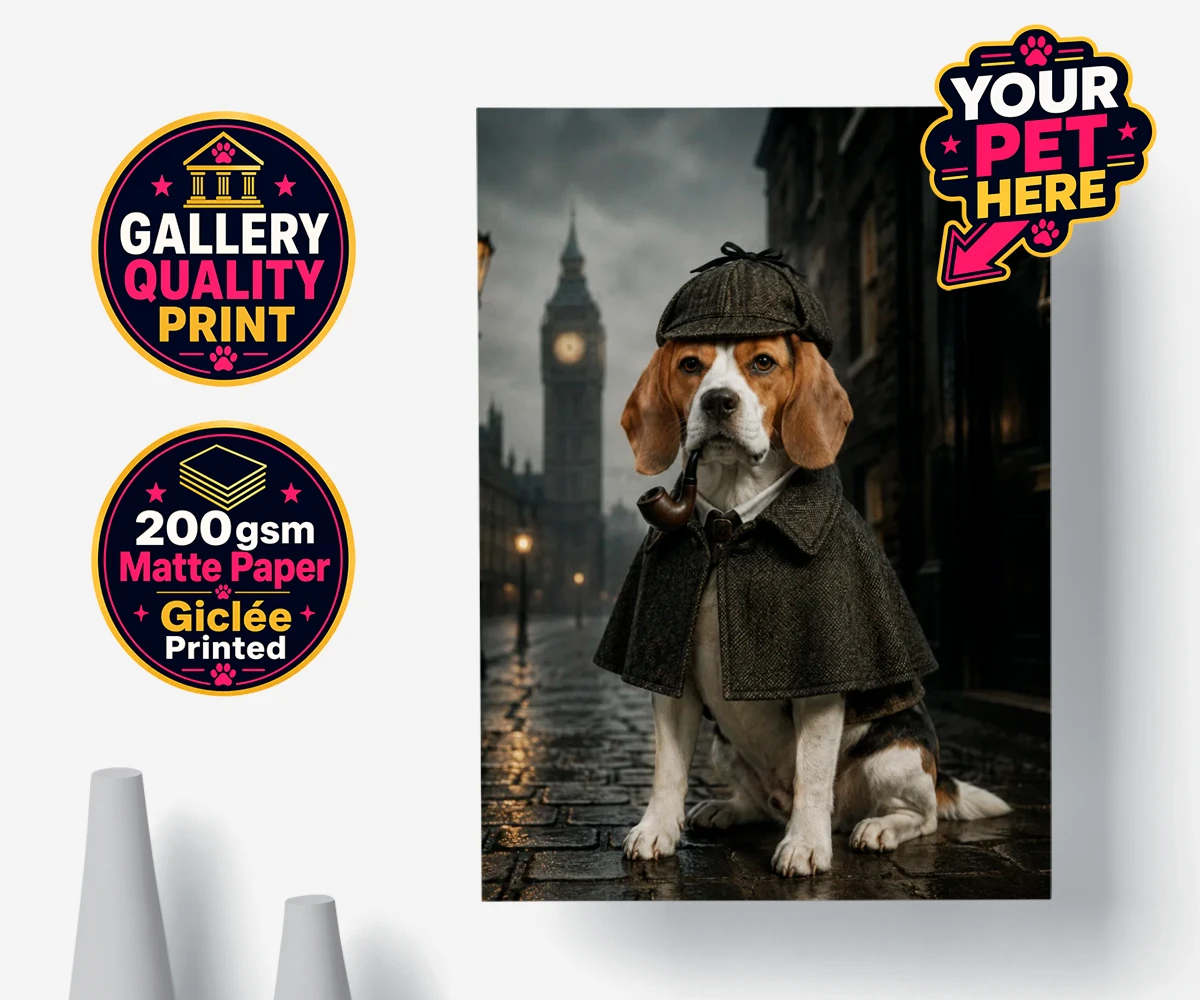 Personalised poster print of The Great Detective dog in a tweed coat and deerstalker hat