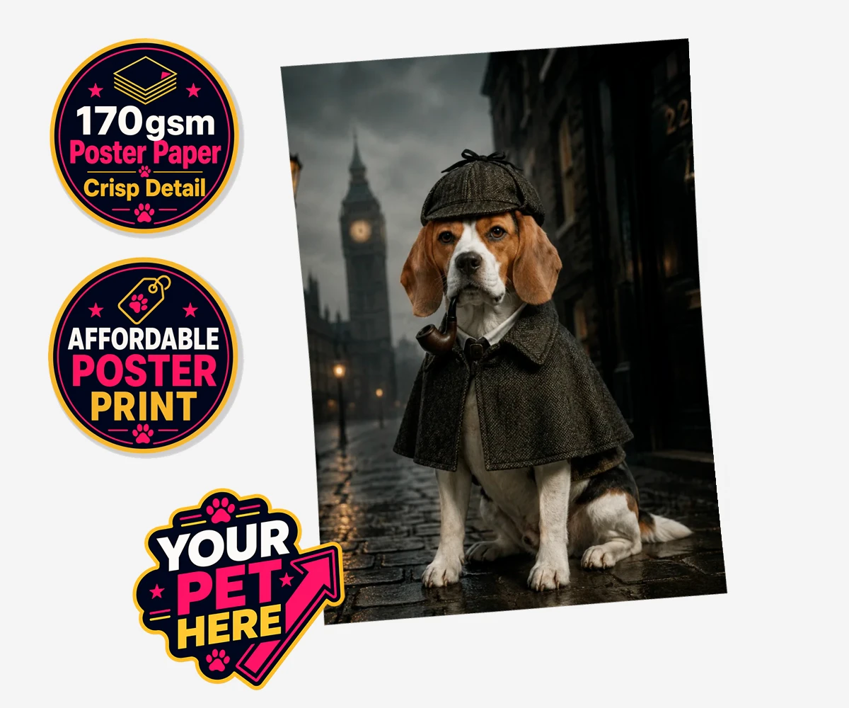 Personalised The Great Detective dog standard poster print featuring step into the world of intrigue and charm with "The Great Detective,"