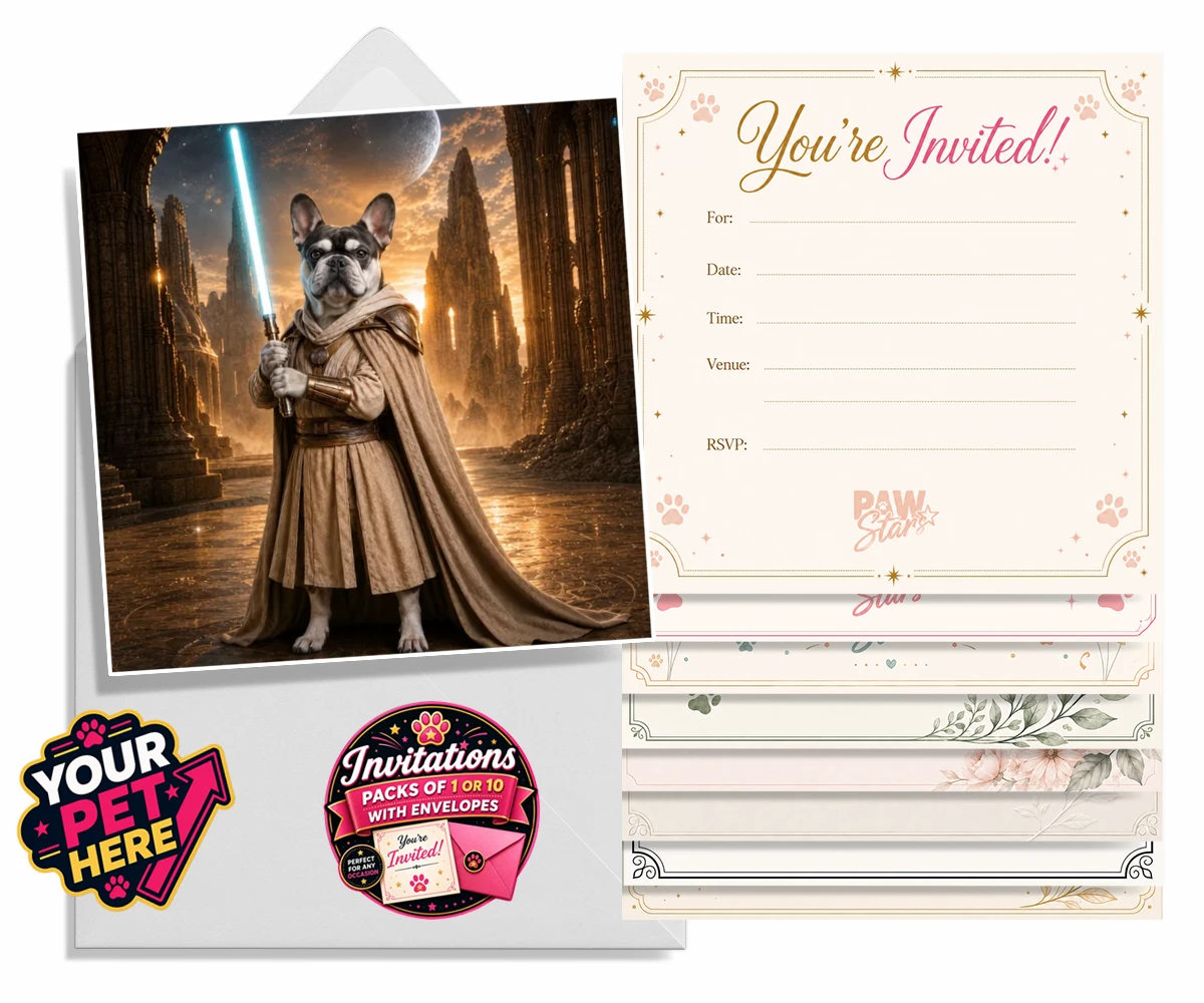 Personalised Galactic Guardian dog invitations featuring a majestic dog portrait that brings your favourite four-legged compani