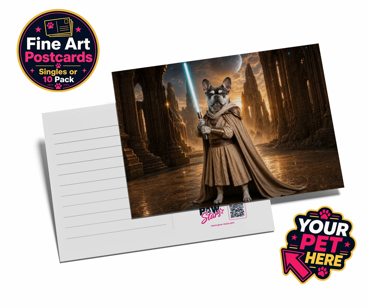 Personalised Galactic Guardian dog postcards featuring a majestic dog portrait that brings your favourite four-legged compani