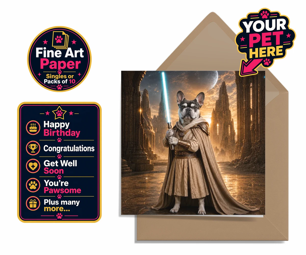 Personalised Galactic Guardian dog premium greetings cards featuring a majestic dog portrait that brings your favourite four-legged compani
