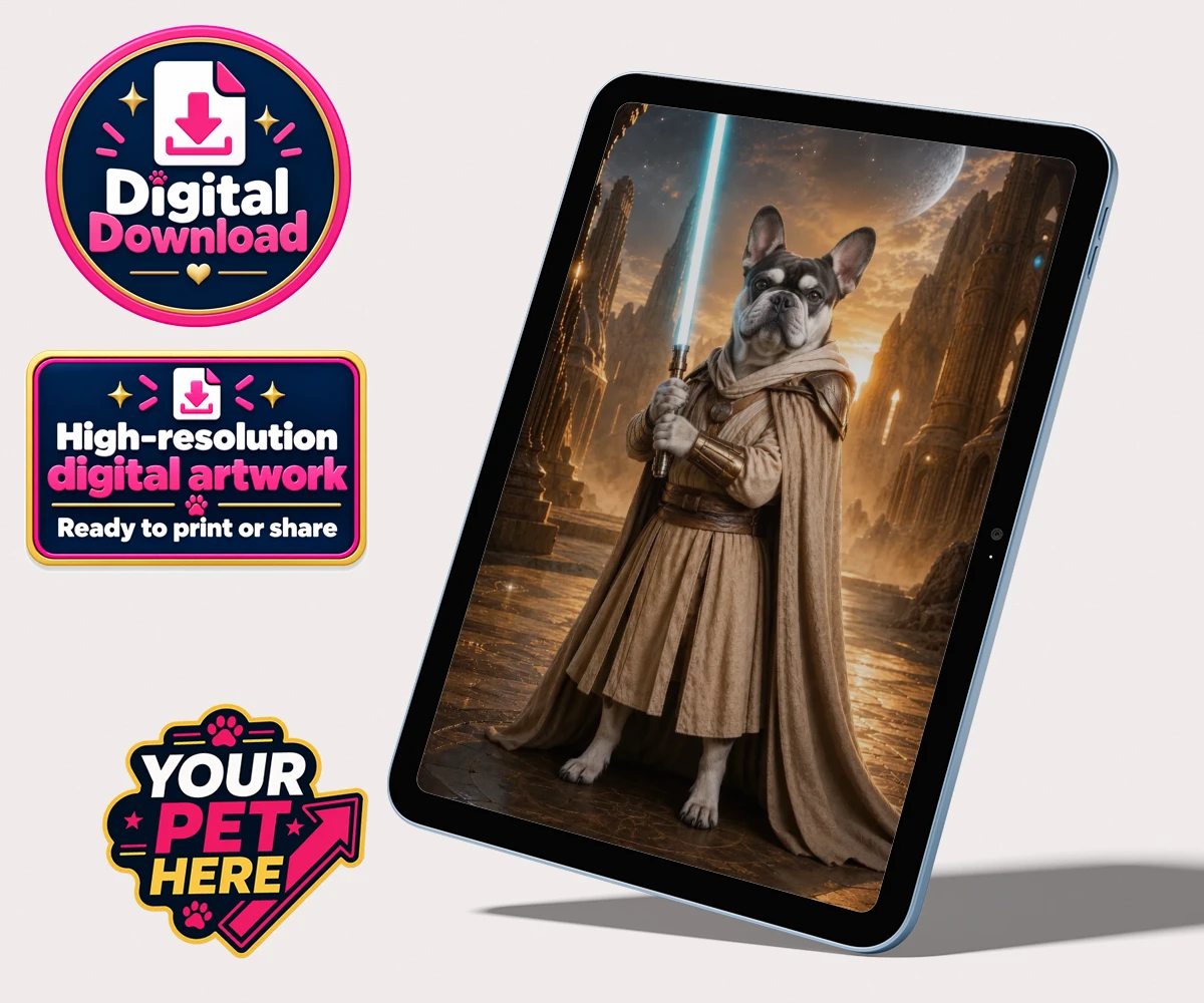 Personalised digital download of Galactic Guardian dog portrait with majestic robe and lightsaber
