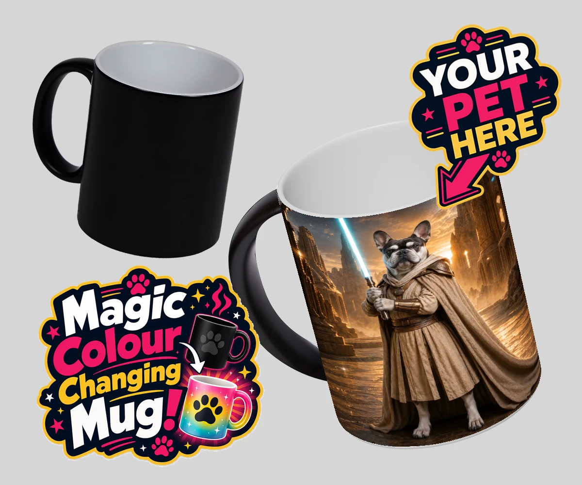 Personalised Galactic Guardian dog magic photo mugs featuring a majestic dog portrait that brings your favourite four-legged compani
