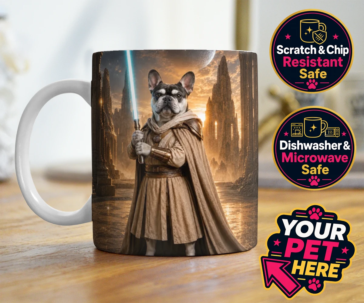 Personalised Galactic Guardian dog photo mugs featuring a majestic dog portrait that brings your favourite four-legged compani