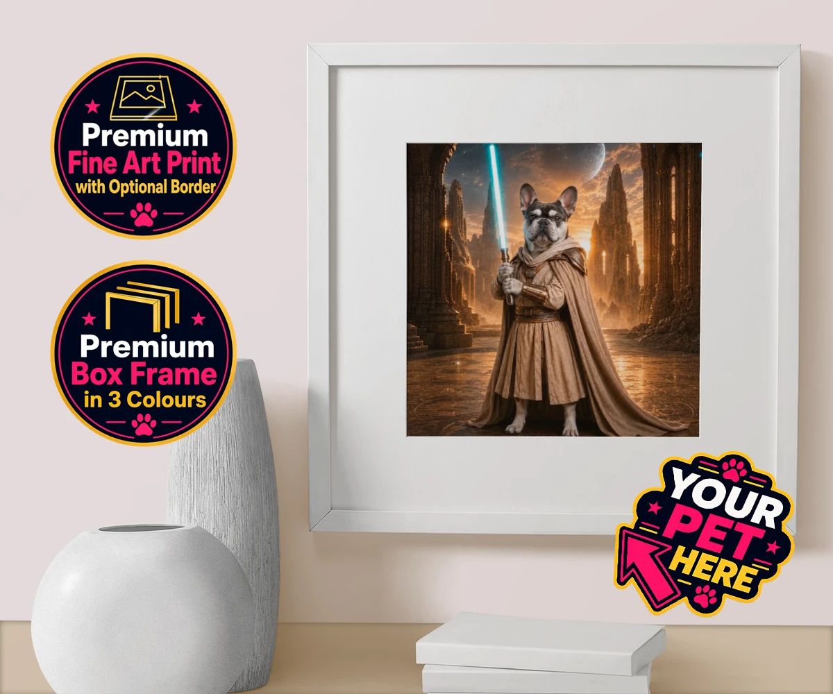 Personalised Galactic Guardian dog box framed print featuring a majestic dog portrait that brings your favourite four-legged compani