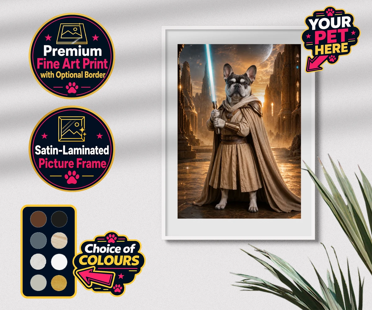 Personalised Galactic Guardian dog premium framed print featuring a majestic dog portrait that brings your favourite four-legged compani
