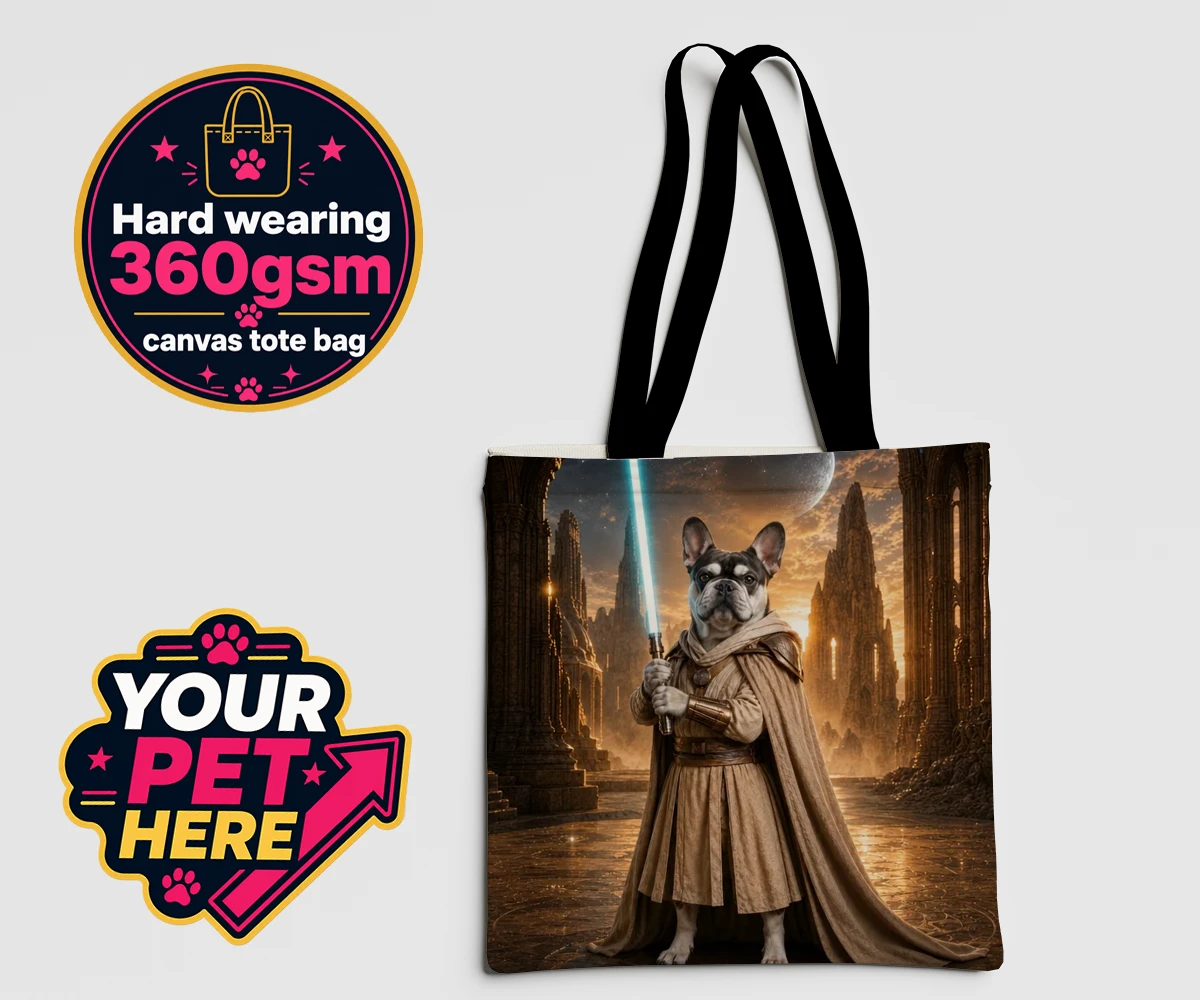 Personalised Galactic Guardian dog canvas tote bags featuring a majestic dog portrait that brings your favourite four-legged compani