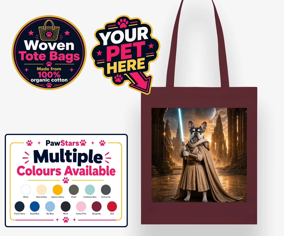 Personalised Galactic Guardian dog woven tote bags featuring a majestic dog portrait that brings your favourite four-legged compani
