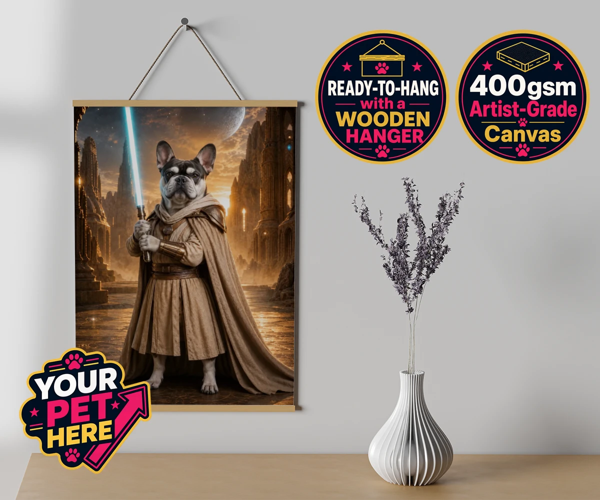 Personalised Galactic Guardian dog canvas poster prints with hanger featuring a majestic dog portrait that brings your favourite four-legged compani