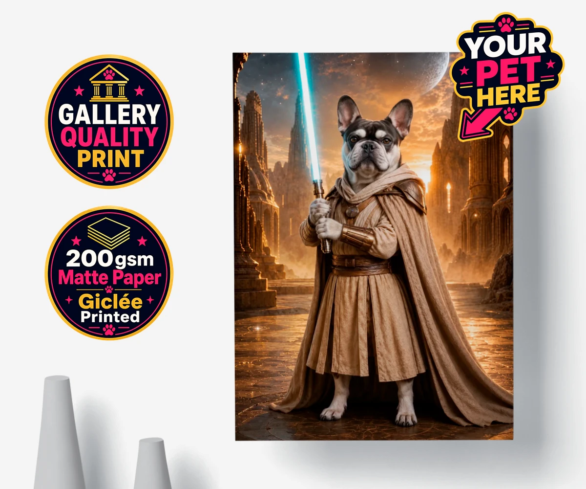 Personalised poster print of Galactic Guardian dog in elegant robe with lightsaber against mystical sunset backdrop