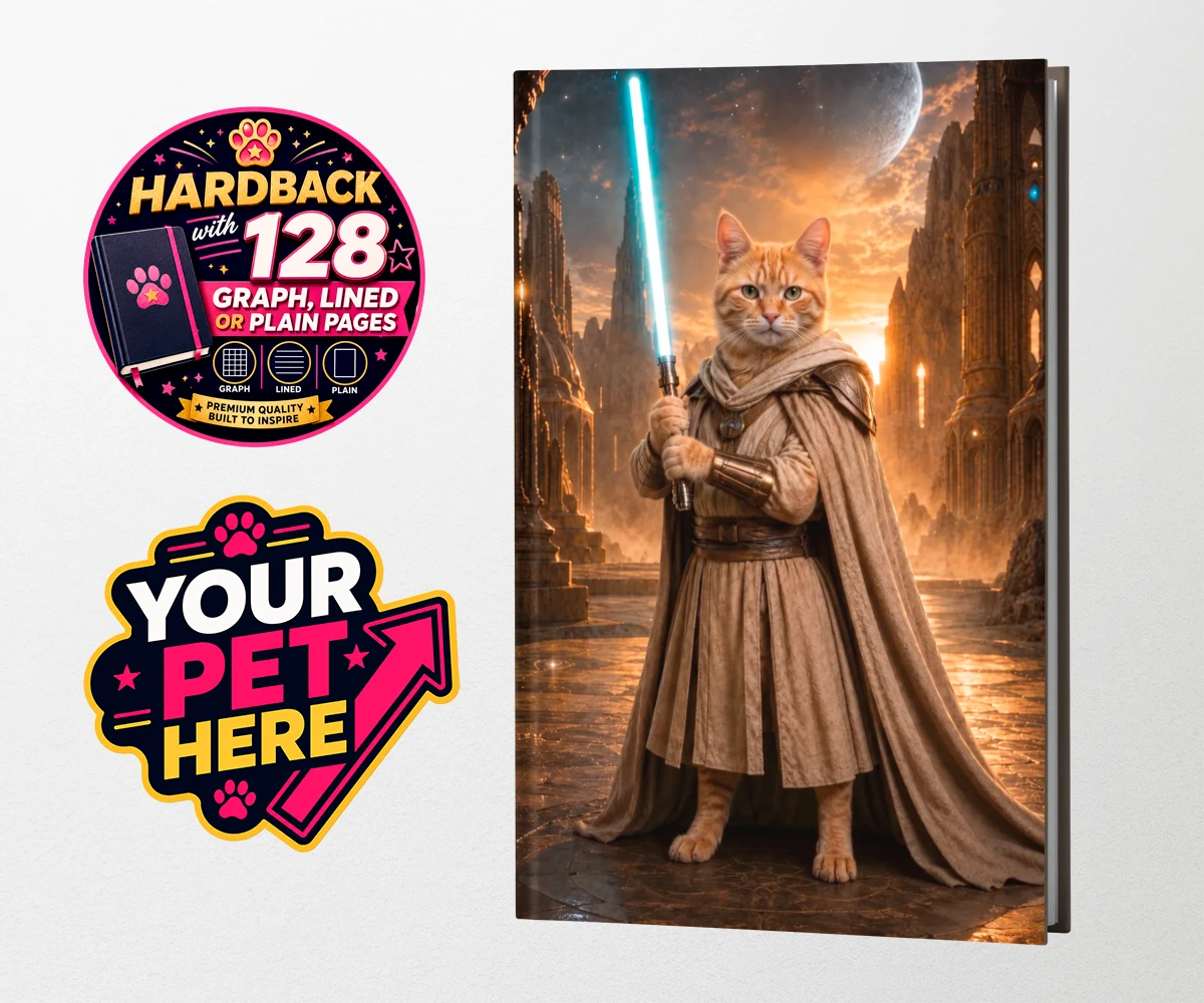 Personalised Galactic Guardian cat hardback notebooks featuring meet the Galactic Guardian, a heroic feline embodying the spirit of ad
