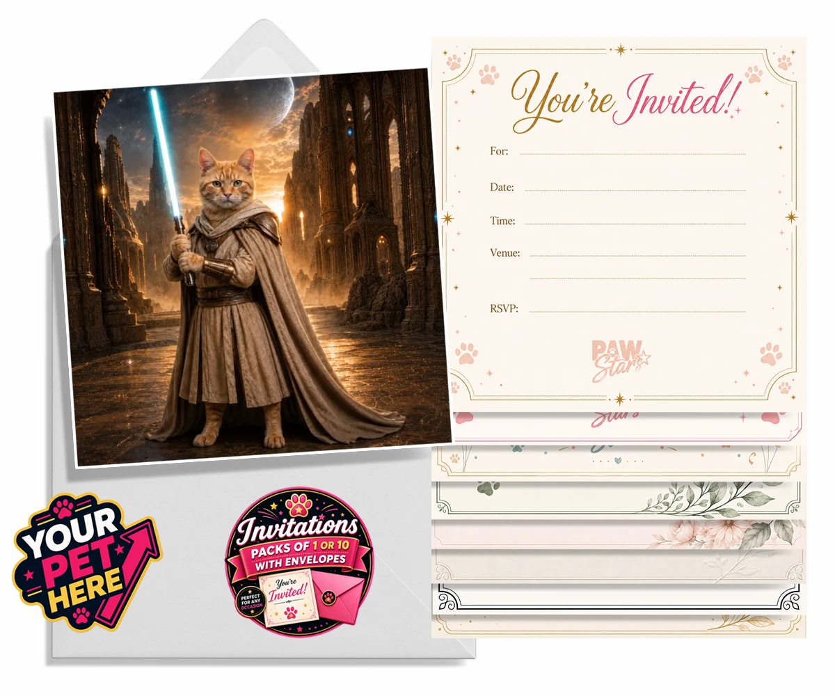 Personalised Galactic Guardian cat invitations featuring meet the Galactic Guardian, a heroic feline embodying the spirit of ad