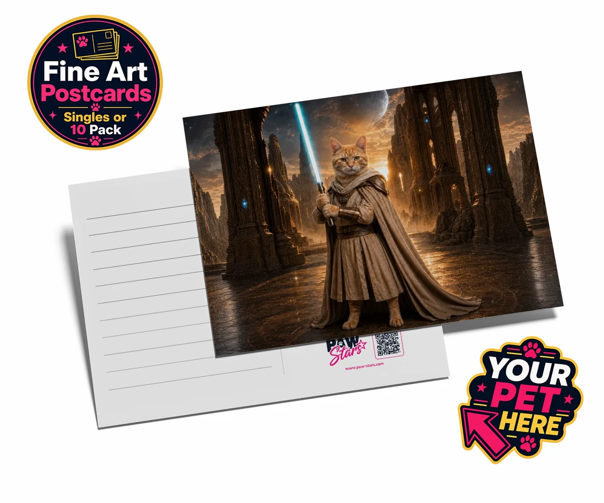 Personalised Galactic Guardian cat postcards featuring meet the Galactic Guardian, a heroic feline embodying the spirit of ad