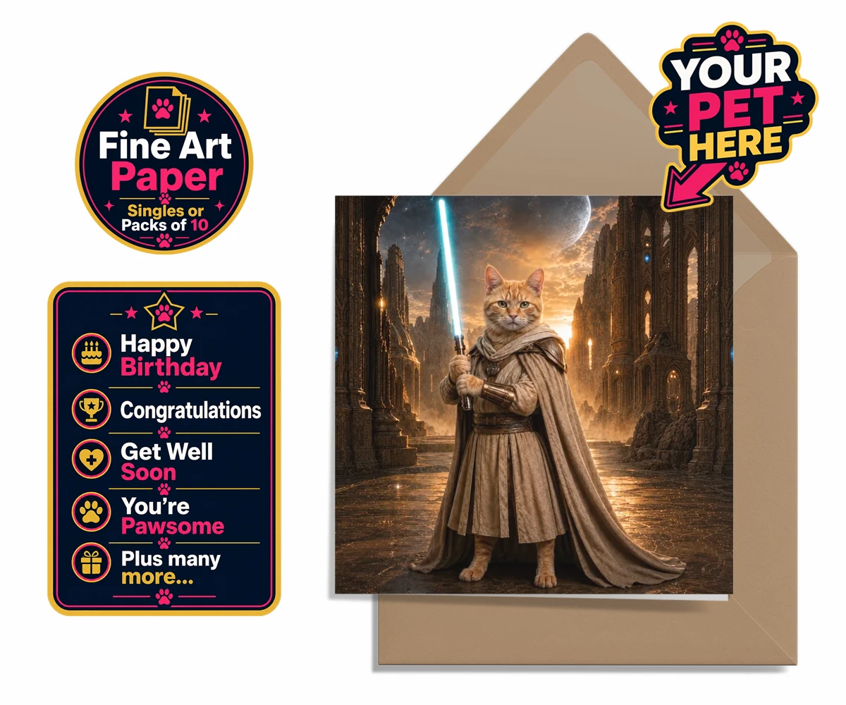 Personalised Galactic Guardian cat premium greetings cards featuring meet the Galactic Guardian, a heroic feline embodying the spirit of ad