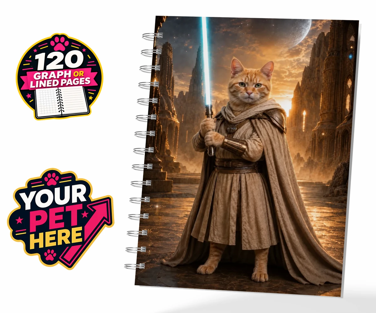 Personalised Galactic Guardian cat spiral notebook featuring meet the Galactic Guardian, a heroic feline embodying the spirit of ad