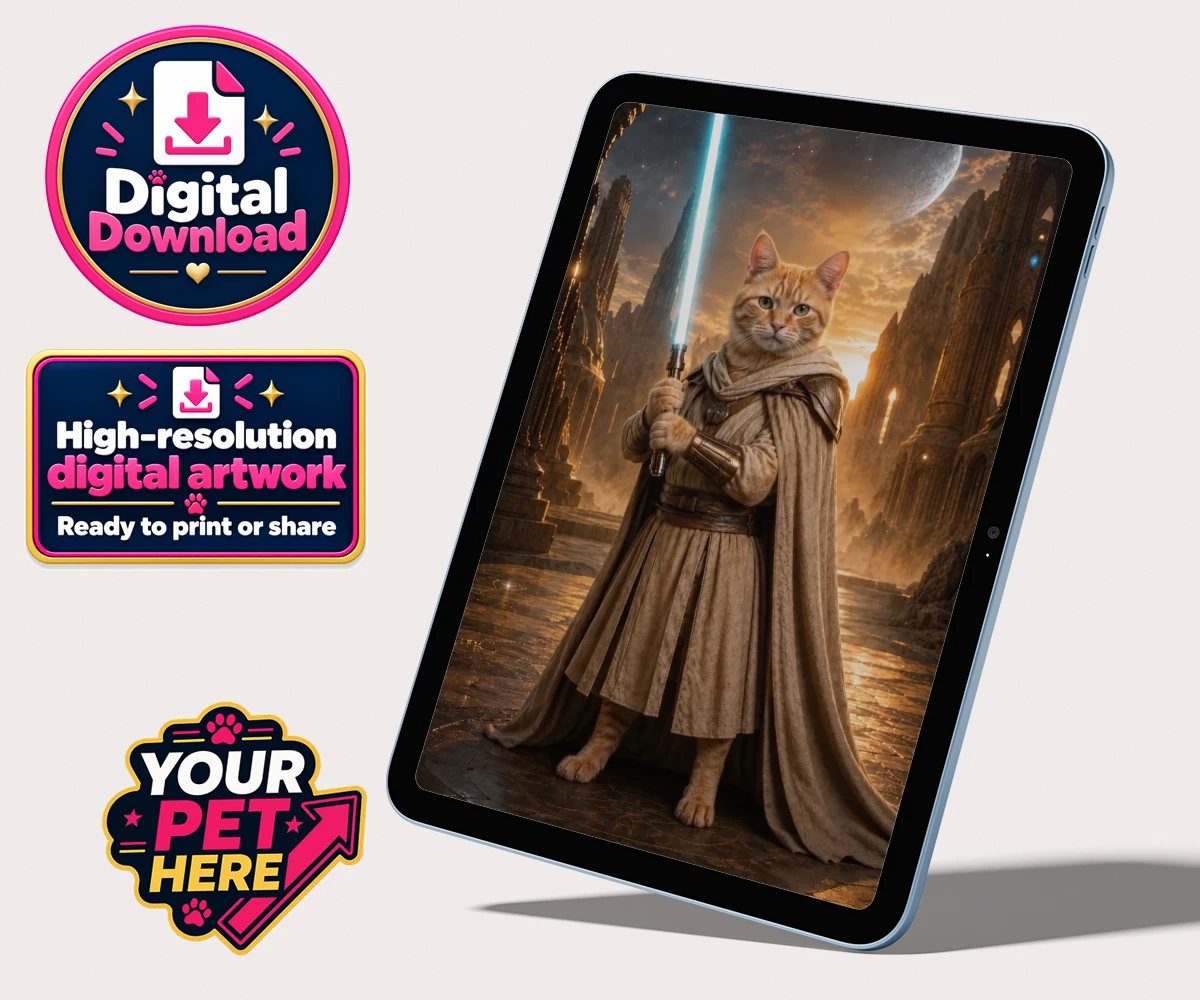Personalised portrait of a cat as the Galactic Guardian with a lightsaber and cosmic background