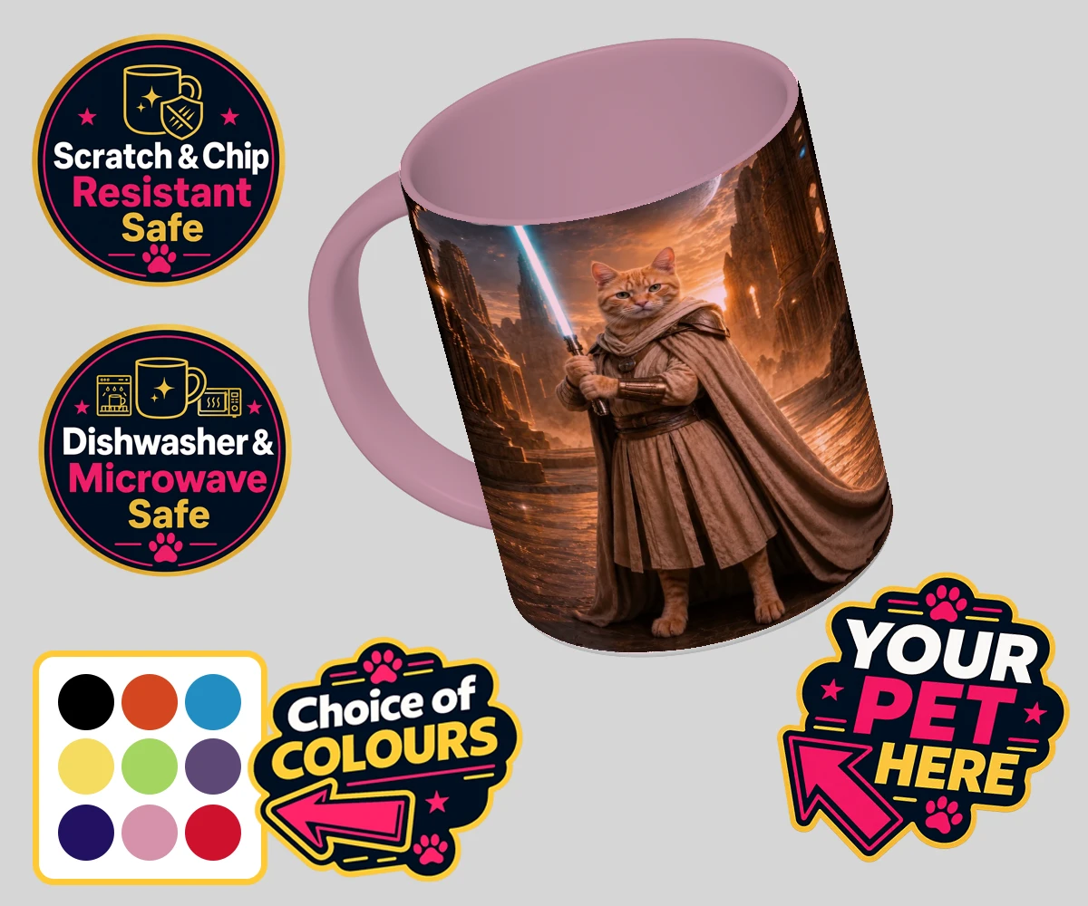 Personalised Galactic Guardian cat coloured photo mugs featuring meet the Galactic Guardian, a heroic feline embodying the spirit of ad
