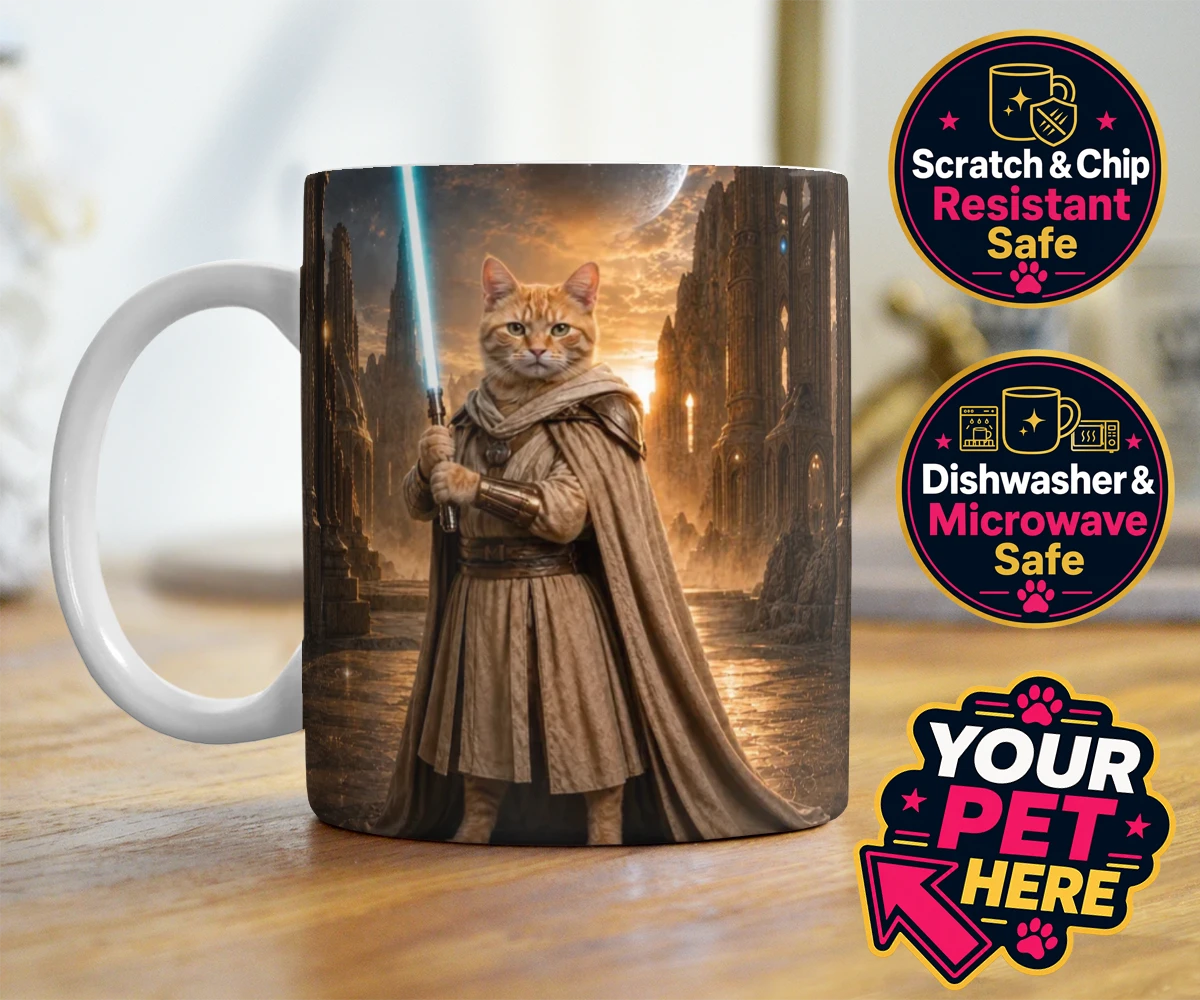 Personalised Galactic Guardian cat photo mugs featuring meet the Galactic Guardian, a heroic feline embodying the spirit of ad