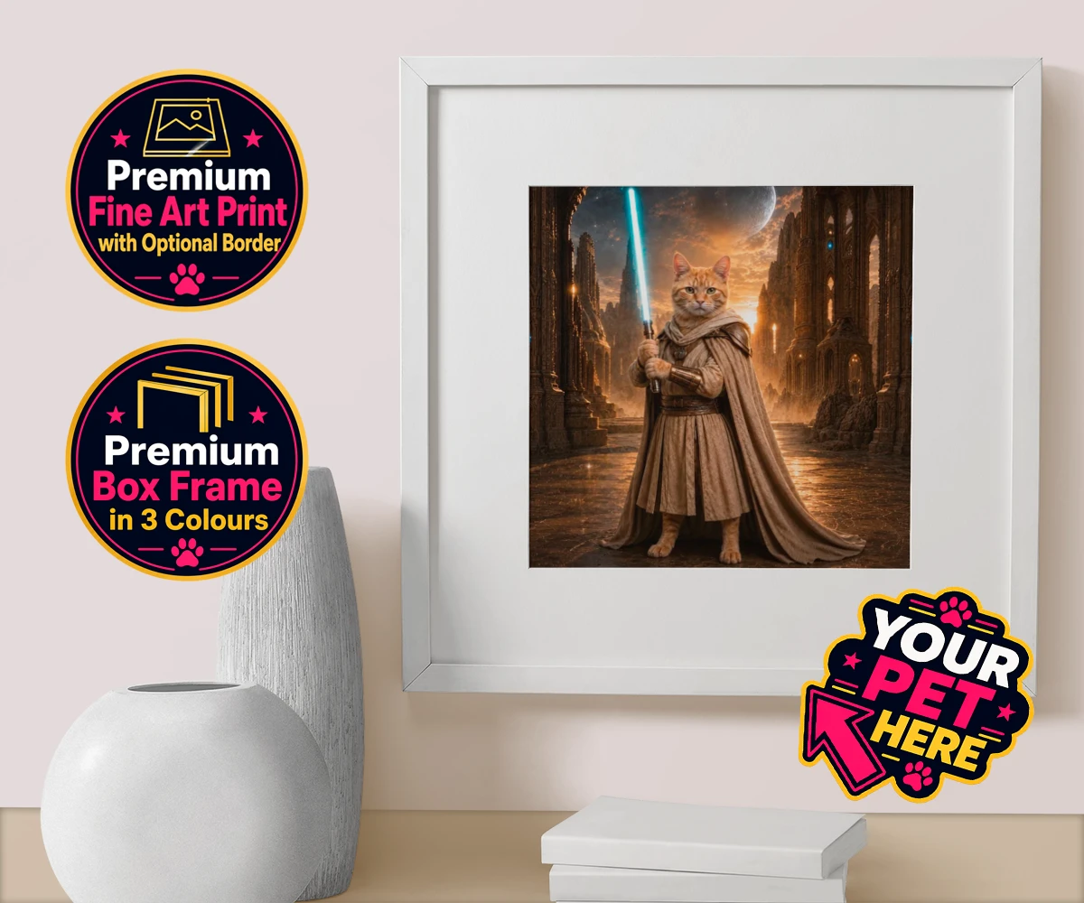 Personalised Galactic Guardian cat box framed print featuring meet the Galactic Guardian, a heroic feline embodying the spirit of ad