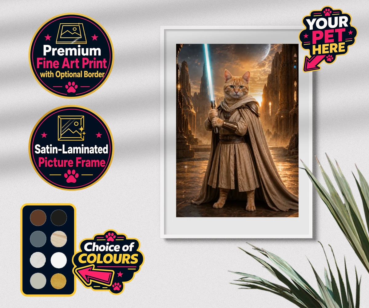 Personalised Galactic Guardian cat premium framed print featuring meet the Galactic Guardian, a heroic feline embodying the spirit of ad
