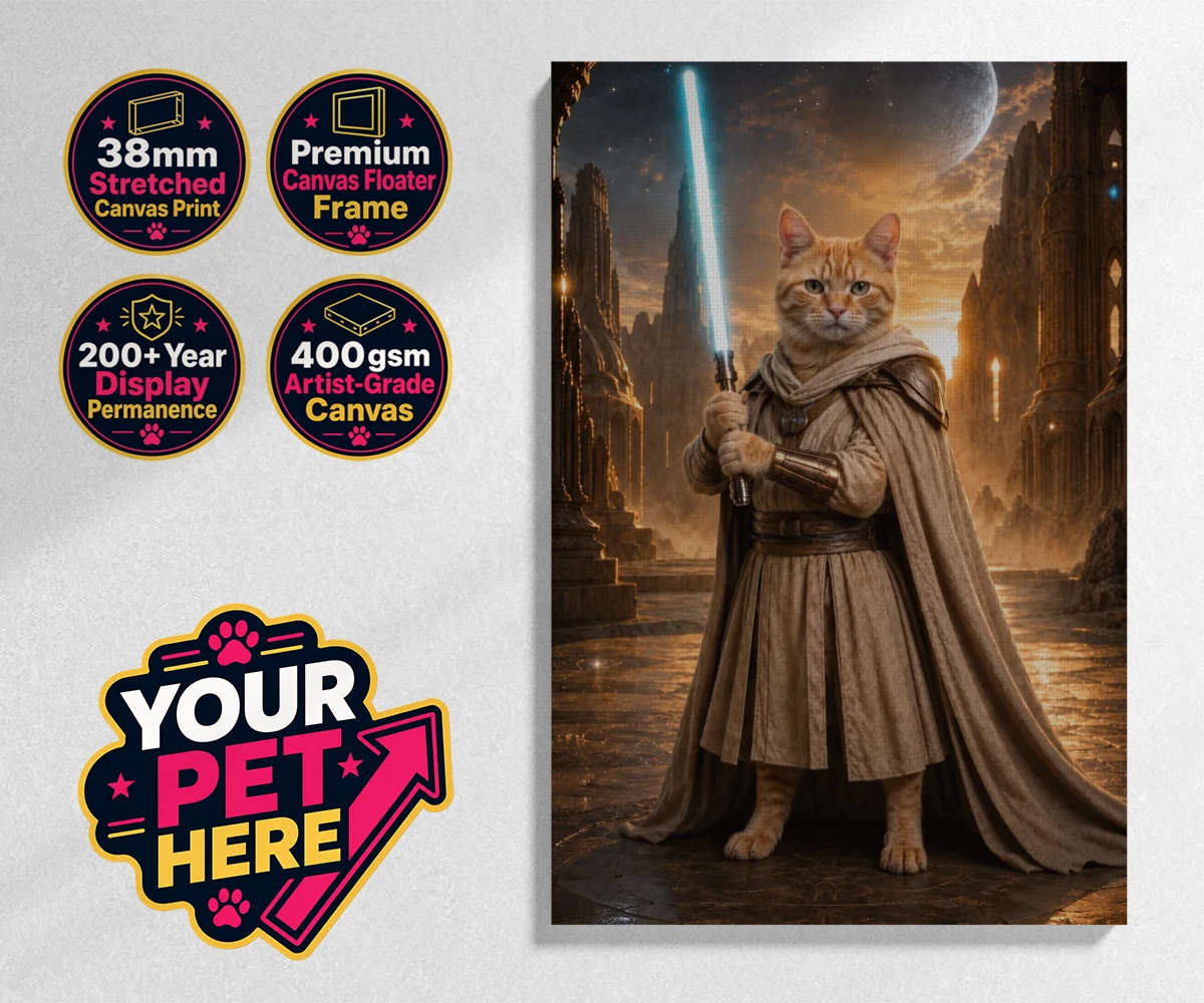 Personalised Galactic Guardian cat stretched canvas print featuring meet the Galactic Guardian, a heroic feline embodying the spirit of ad