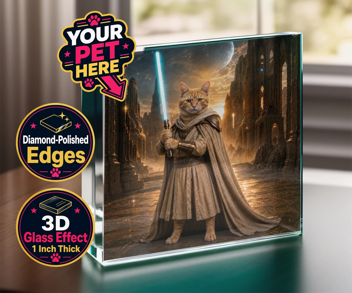 Personalised Galactic Guardian cat acrylic prisms featuring meet the Galactic Guardian, a heroic feline embodying the spirit of ad