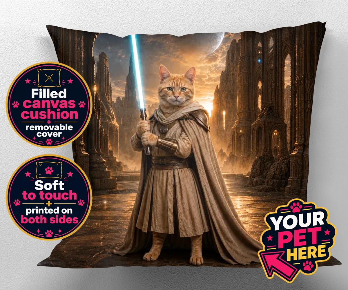 Personalised Galactic Guardian cat canvas cushions featuring meet the Galactic Guardian, a heroic feline embodying the spirit of ad