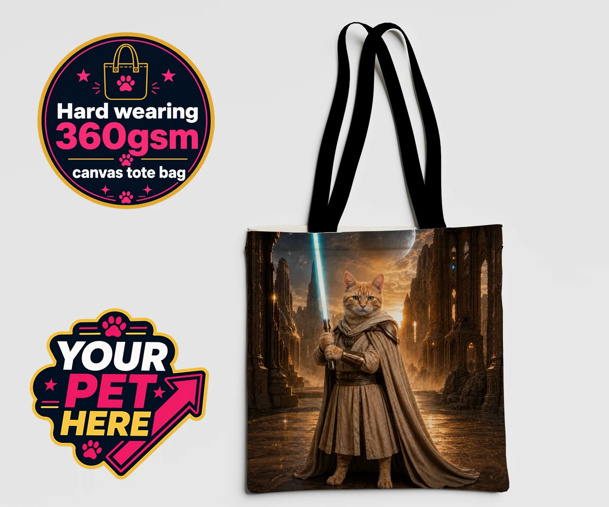 Personalised Galactic Guardian cat canvas tote bags featuring meet the Galactic Guardian, a heroic feline embodying the spirit of ad