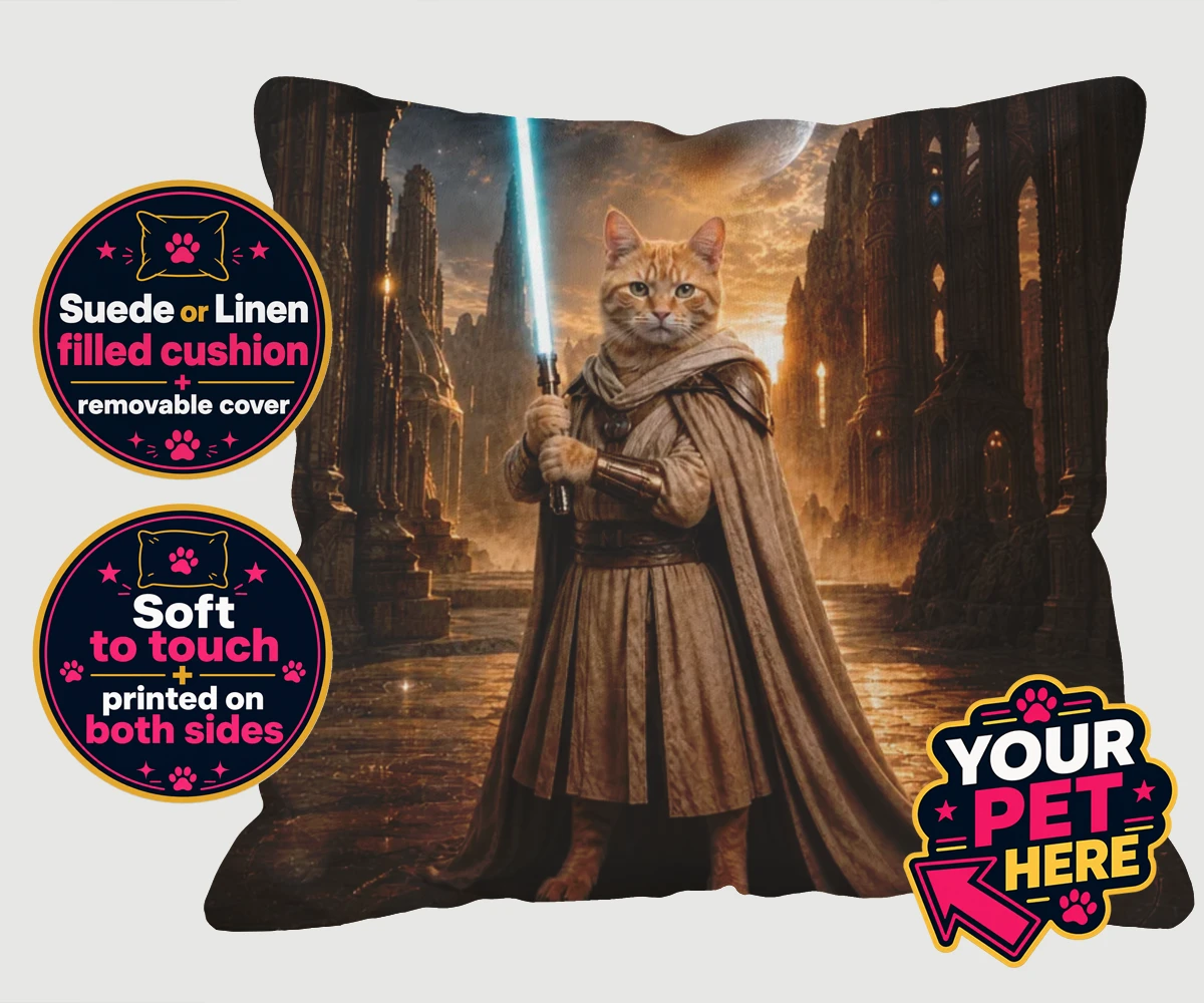Personalised Galactic Guardian cat cushions featuring meet the Galactic Guardian, a heroic feline embodying the spirit of ad