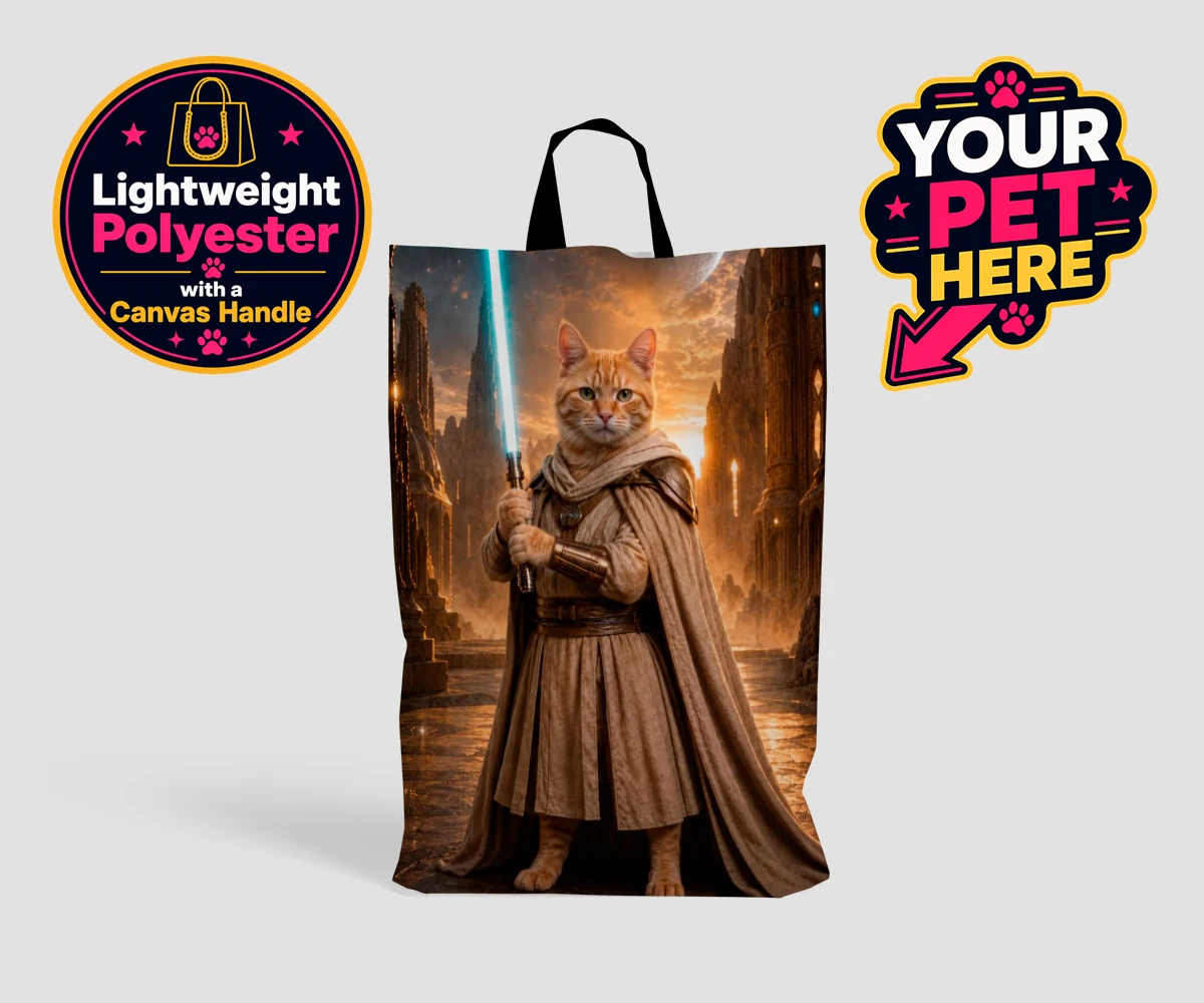 Personalised Galactic Guardian cat shopping bags featuring meet the Galactic Guardian, a heroic feline embodying the spirit of ad