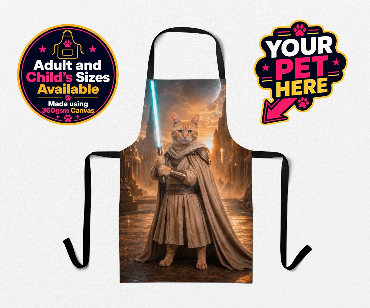 Personalised Galactic Guardian cat aprons featuring meet the Galactic Guardian, a heroic feline embodying the spirit of ad