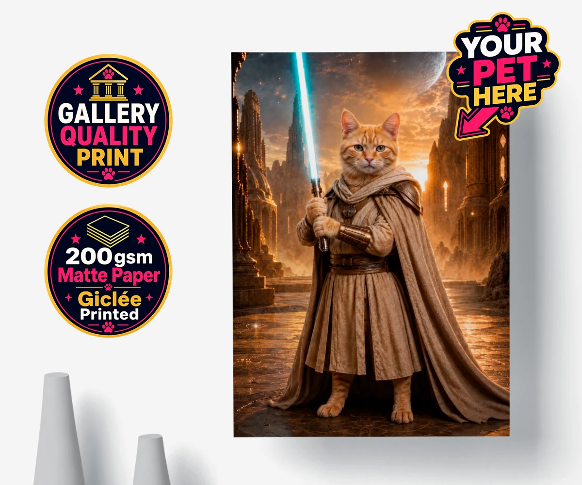 Personalised poster print featuring the Galactic Guardian cat in a majestic robe with a glowing lightsaber against a cosmic backdrop