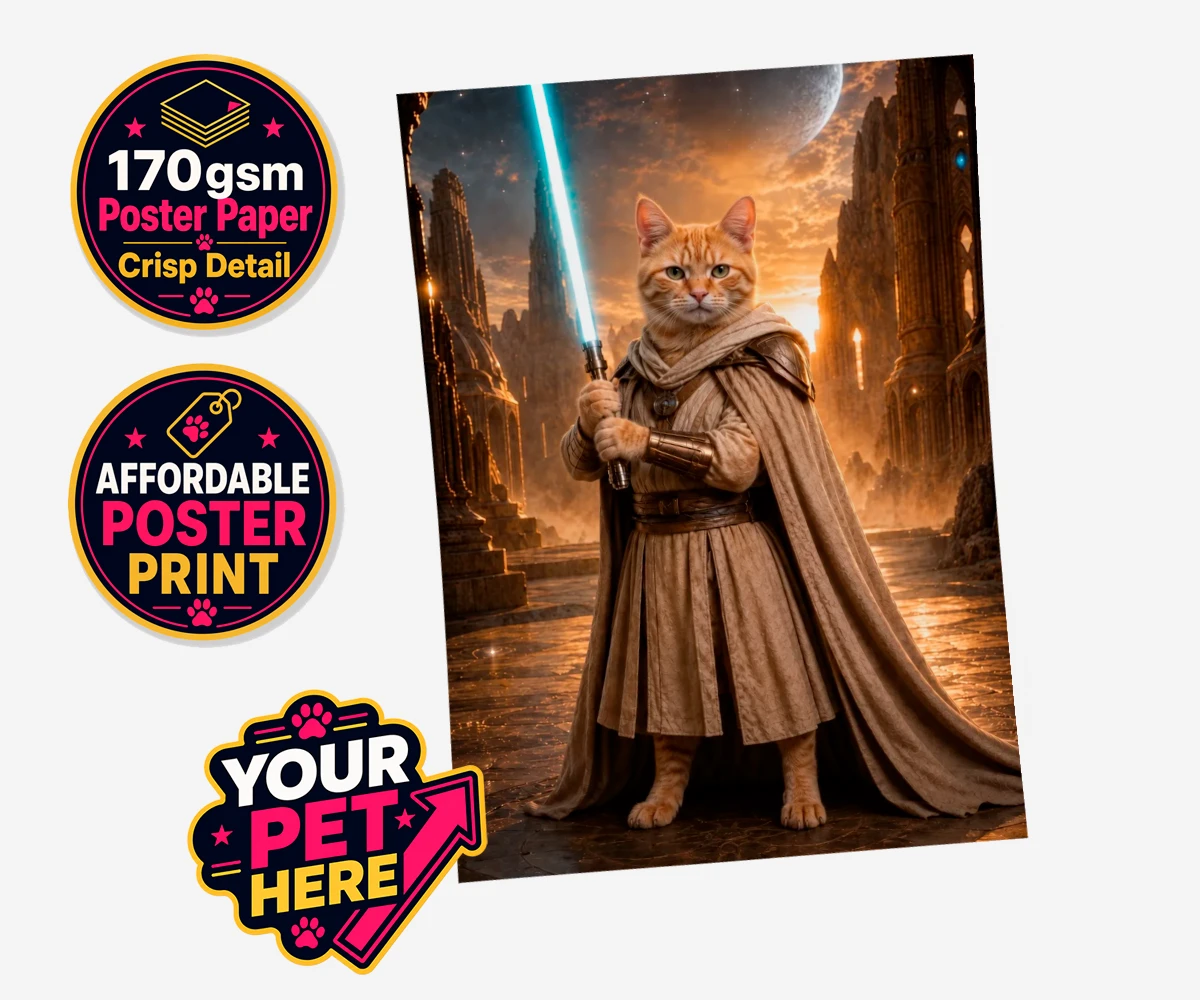 Personalised Galactic Guardian cat standard poster print featuring meet the Galactic Guardian, a heroic feline embodying the spirit of ad